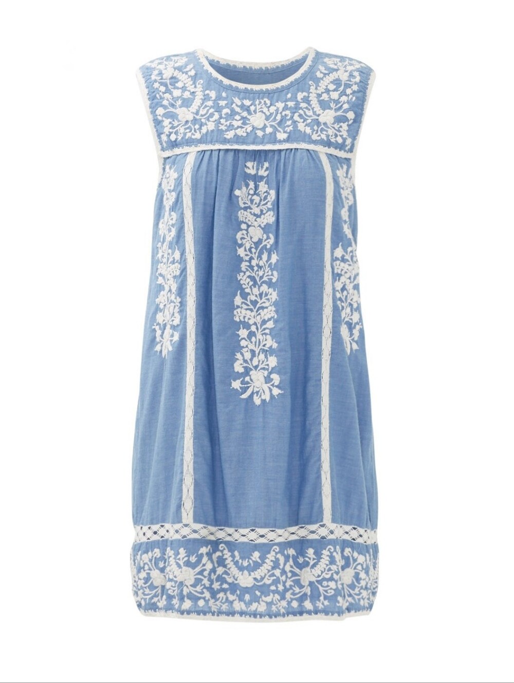 Joie Ashawa Washed Denim & Porcelain Embroidered Crochet Shift Mini Dress
